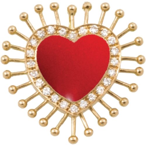 The Heart charm: a red enamel heart framed by diamonds, radiating gold beaded rays.