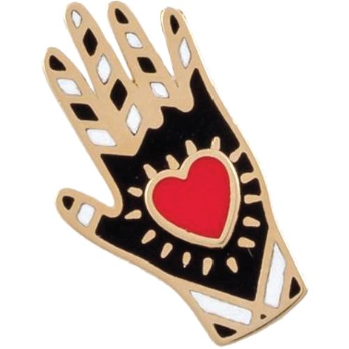 The Kaff charm: an open gold hand in black and white enamel, a red heart glowing at its palm.