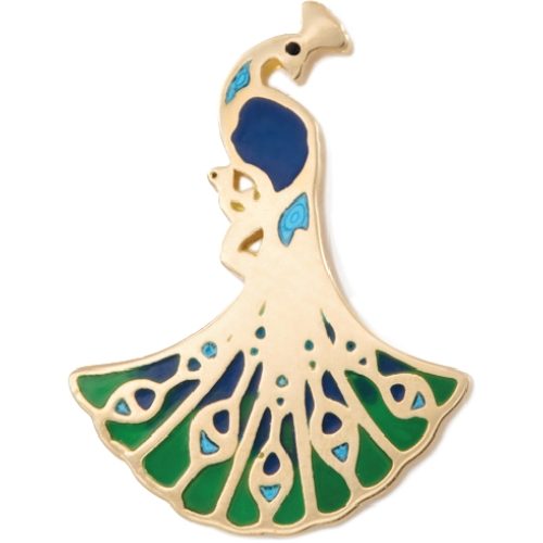 The Peacock charm: a gold peacock with its tail fanned open in green, blue and turquoise enamel.