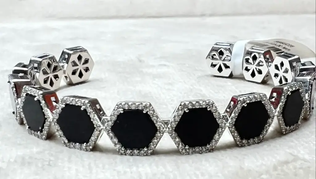 BANGLE GEOMETRIC HEXAGON BIG WHITE GOLD BLACK ONYX SIZE 16