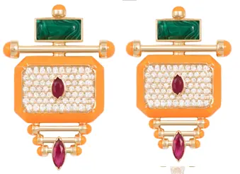 EARRING CAPTURE QABILA BIG ROUND DIAMOND ORANGE ENAMEL RUBY MARQUISE