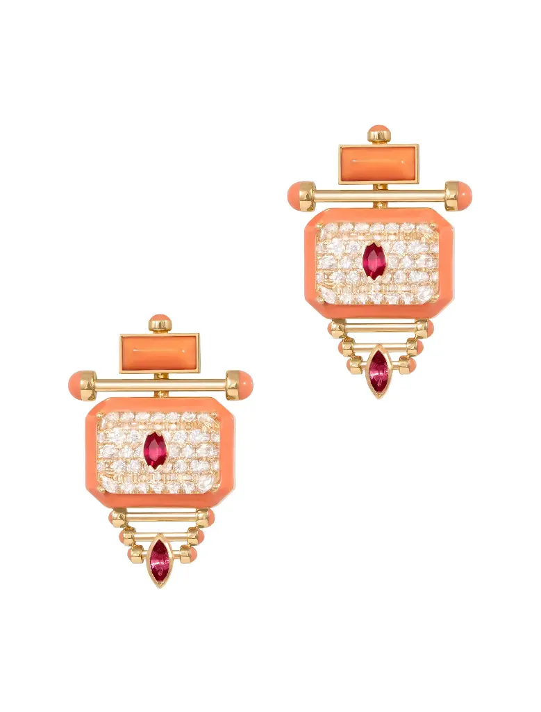 EARRING CAPTURE QABILA SMALL ROUND DIAMOND ORANGE ENAMEL RUBY MARQUISE