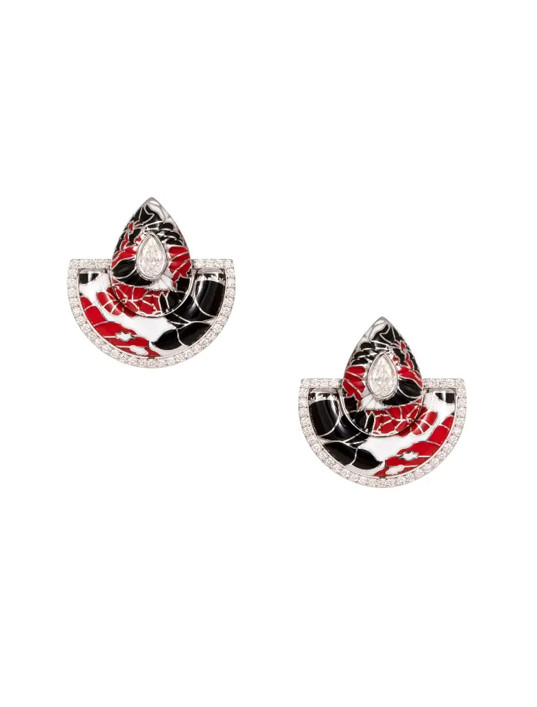 EARRING BOND STREET BIG FULL RED AND BLACK ENAMEL WHITE GOLD