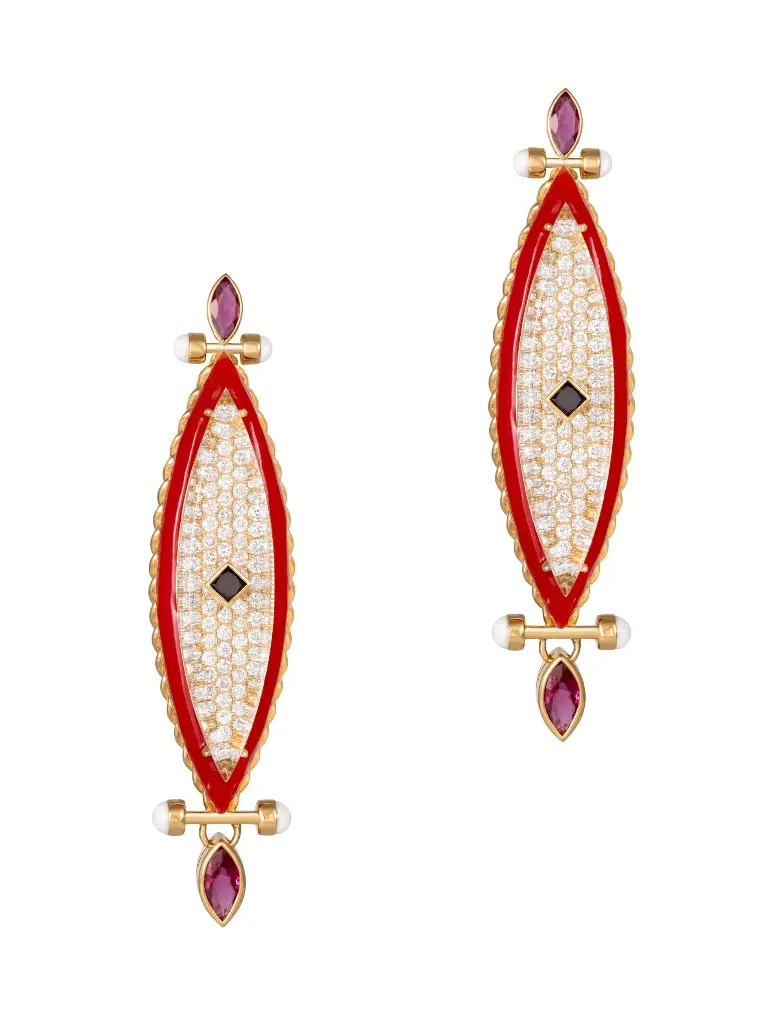 EARRING CAPTURE BEAK BIG ROUND DIAMOND RED ENAMEL RUBY PRINCESS AND MARQUISE