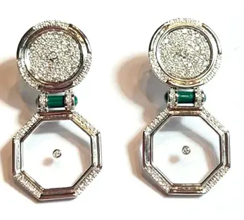 EARRING AMULET MEDIUM DOUBLE SHAPE ROUND FULL DIAMOND GLASS HEXAGON MALACHITE PILLAR WHITE GOLD