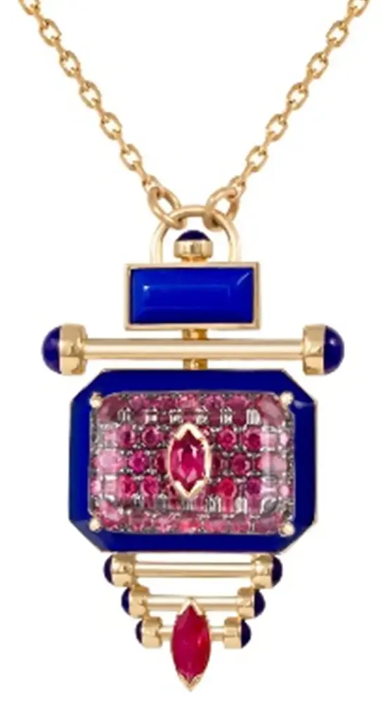NECKLACE CAPTURE QABILA BIG PEACOCK ROUND RUBY AND MARQUISE NAVY ENAMEL