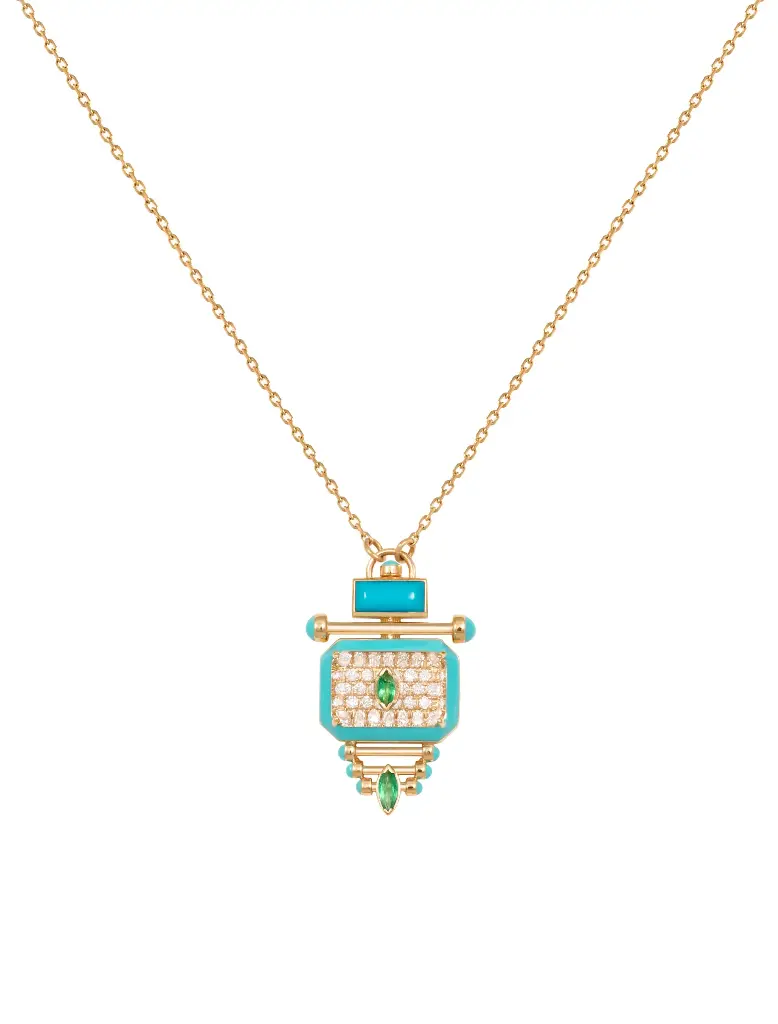 NECKLACE CAPTURE MOMENT MED ROUND DIAMOND GREEN ENAMEL EMERALD MARQUISE