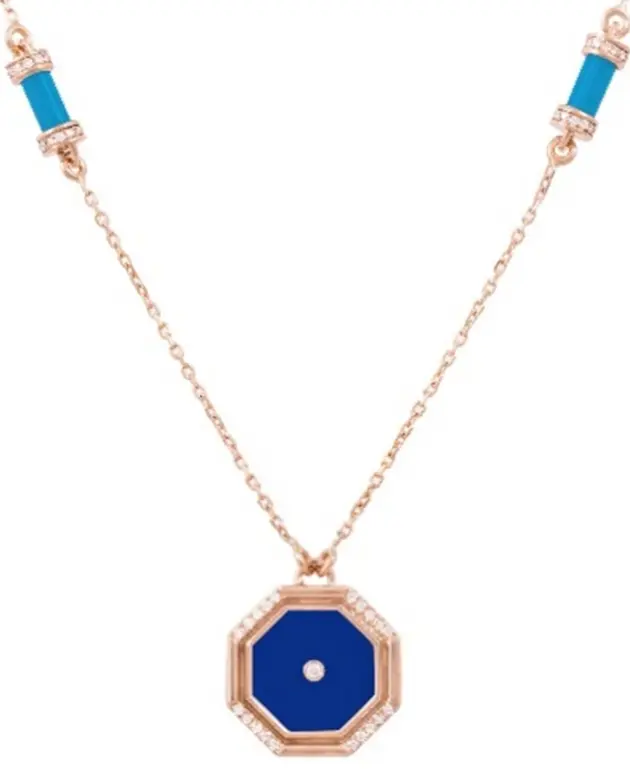 NECKLACE AMULET HEXAGON SMALL LAPIS AND TURQUOISE PILLARS