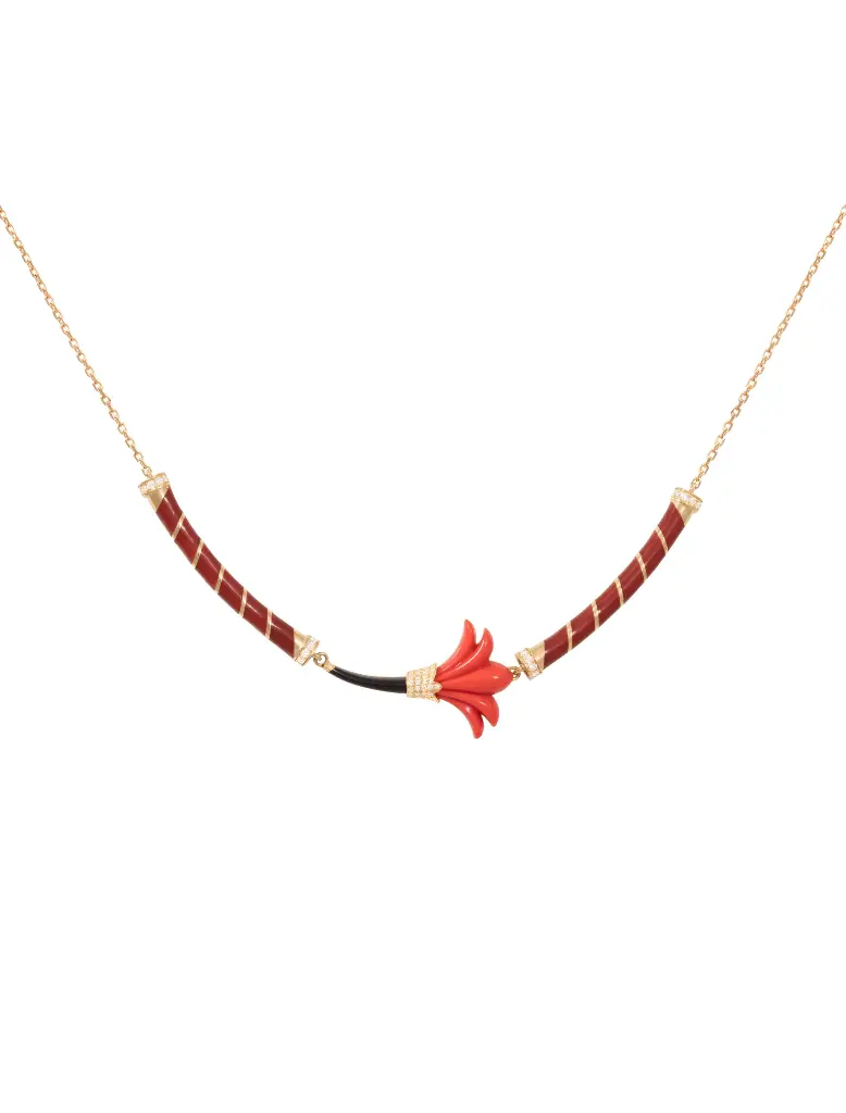NECKLACE PSYCH WITH TUBE BLACK ONYX ORANGE CORAL FLOWER  BLACK ONYX STEM