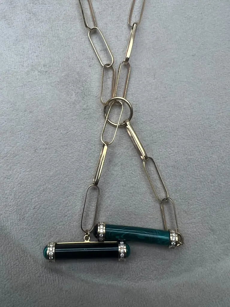 NECKLACE AMULET DOUBLE BIG PILLAR BLACK ONYX AND MALACHITE