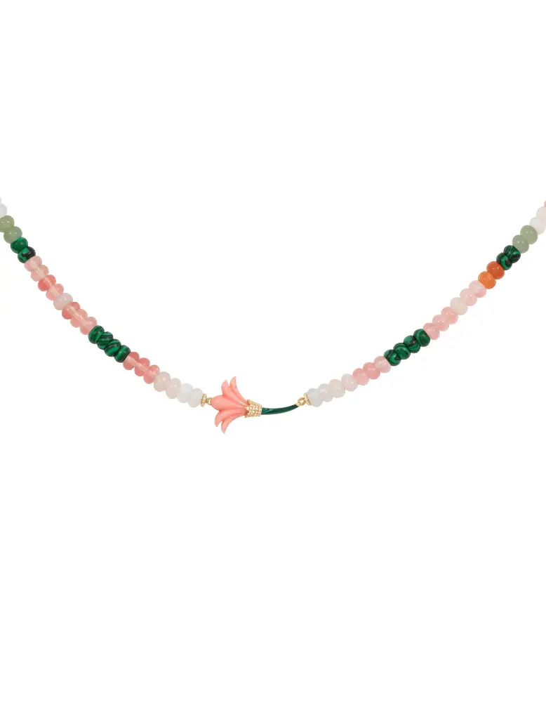 NECKLACE PSYCH MEDIUM FLOWER PINK CORAL AND MALACHITE STEM WITH PINK WHITE GREEN BEADS