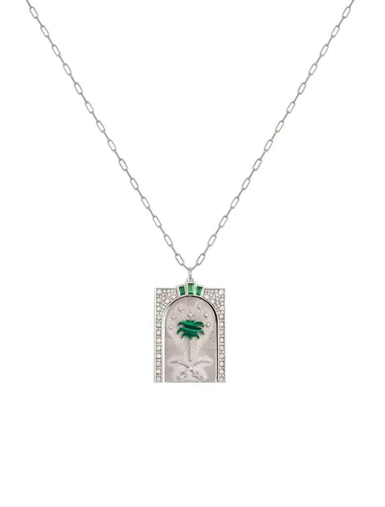 NECKLACE BILADI WHITE GOLD PALM MALACHITE WITH DIAMOND ON BACK (SAUDI DAY)
