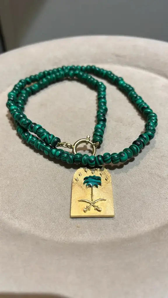 NECKLACE BILADI PALM MALACHITE WITH 2 SWORDS  MALACHITE BEADS CHAIN (SAUDI DAY)