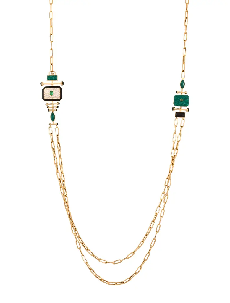 NECKLACE CAPTURE QABIAL HALF SAUTOIRE MALACHITE STONE EMERALD PRINCESS MALACHITE MARQUISE AND BLACK ONYX ABOVE WITH SIZE 2 CHAIN