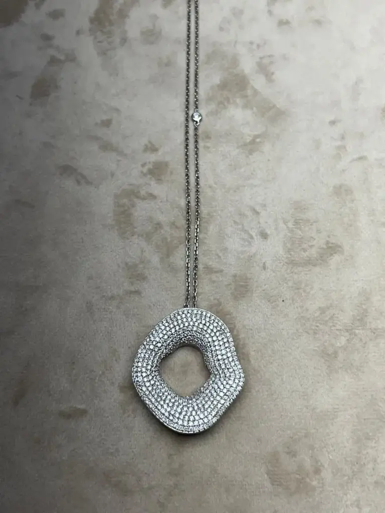 NECKLACE VOLCANO BIG WHITE GOLD FULL DIAMOND WITH 4 DIAMOND CHARNELS ON CHAIN