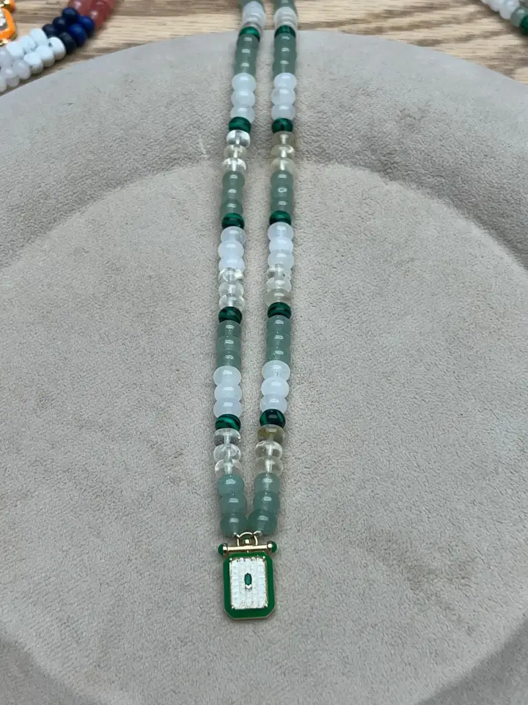 NECKLACE CAPTURE MED MOMENT ROUND DIAMOND GREEN ENAMEL EMERALD MARQUISE WITH BEADS