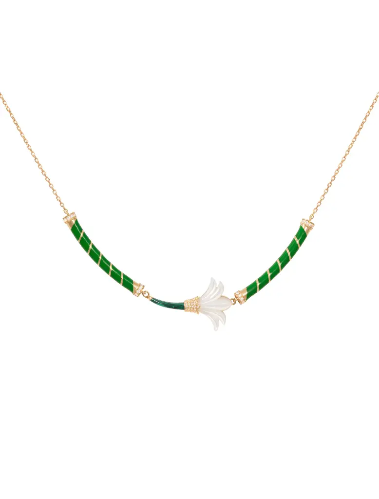 NECKLACE PSYCH BIG FLOWER WHITE MOP MALACHITE STEM WITH 2 BIG TUBES