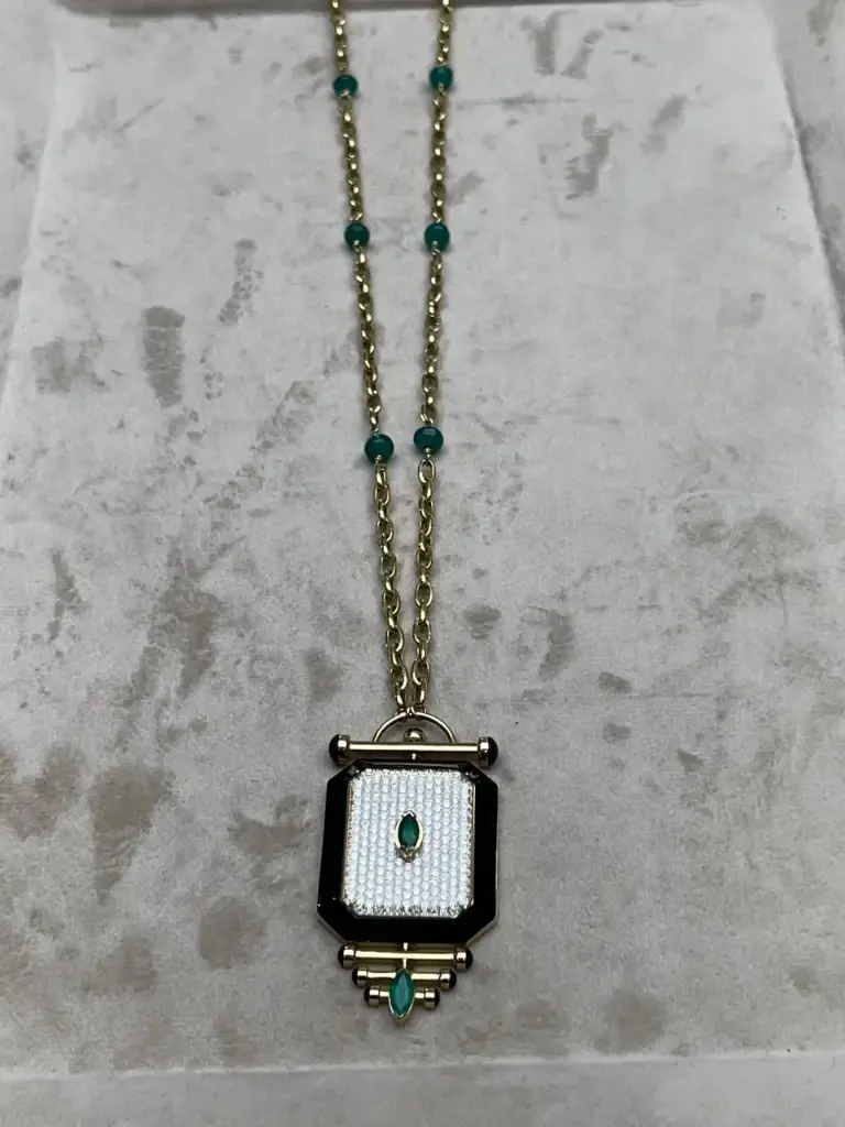 NECKLACE CAPTURE QABILA X HUGE SQUARE ROUND DIAMOND BLACK ENAMEL EMERALD MARQUISE