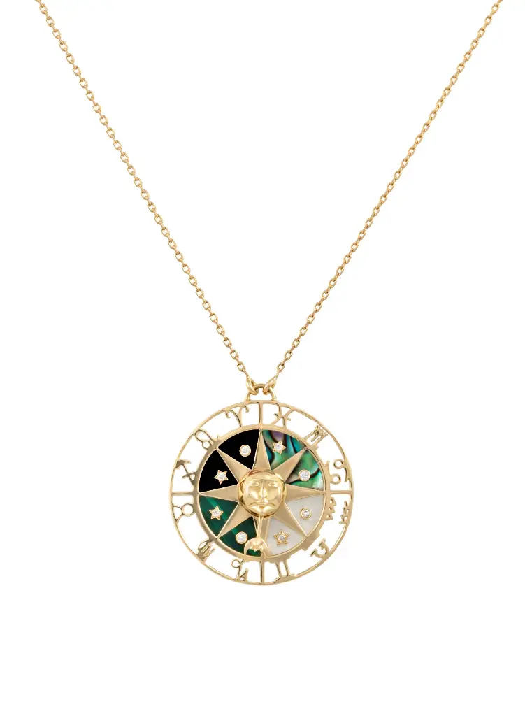 NECKLACE COSMIC LOVE ZODIAC WHEEL BIG MALACHITE-WHITE MOP-ABALONE-BLACK ONYX