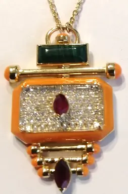 NECKLACE CAPTURE QABILA BIG ROUND DIAMOND ORANGE ENAMEL RUBY MARQUISE