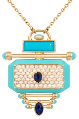 NECKLACE CAPTURE QABILA BIG ROUND DIAMOND TURQUOISE ENAMEL BLUE SAPHIRE MARQUISE