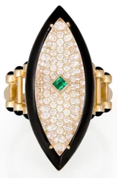 RING CAPTURE BEAK WHITE DIAMOND BLACK ENAMEL EMERALD PRINCESS SIZE 49