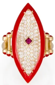 RING CAPTURE BEAK WHITE DIAMOND RED ENAMEL RUBY PRINCESS SIZE 52