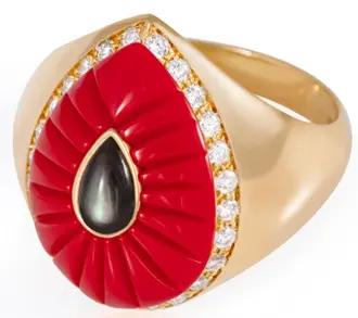 RING BOND STREET DROP RED CORAL AND BLACK ONYX DOT