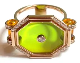 RING AMULET COCKTAIL HEXAGON BIG GREEN AGATE AND ORANGE SIZE 50