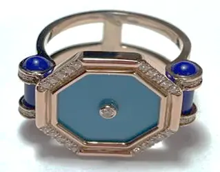 RING AMULET COCKTAIL HEXAGON TURQUOISE AND LAPIS PILLARS SIZE 51