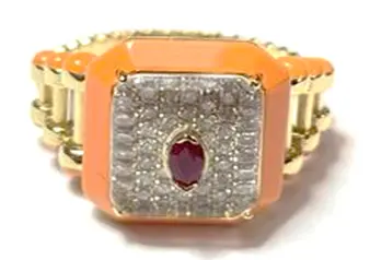 RING CAPTURE MOMENTS SMALL ROUND DIAMOND ORANGE ENAMEL RUBY MARQUISE SIZE 53