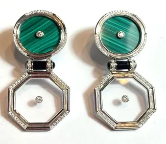[E91WGMG] EARRING AMULET BIG DOUBLE SHAPE WHITE GOLD MALACHITE AND GLASS WITH BLACK ONYX PILLAR
