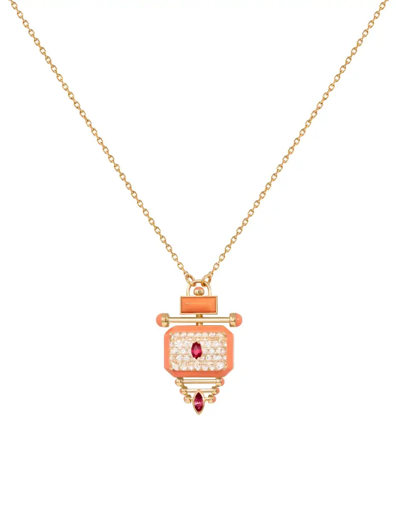 [N143O] NECKLACE CAPTURE MOMENT MED ROUND DIAMOND ORANGE ENAMEL RUBY MARQUISE
