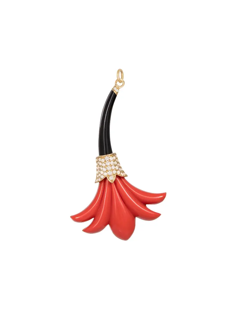 [N202OCBO] NECKLACE PSYCH MEDIUM ORANGE CORAL FLOWER WITH BLACK ONYX STEM