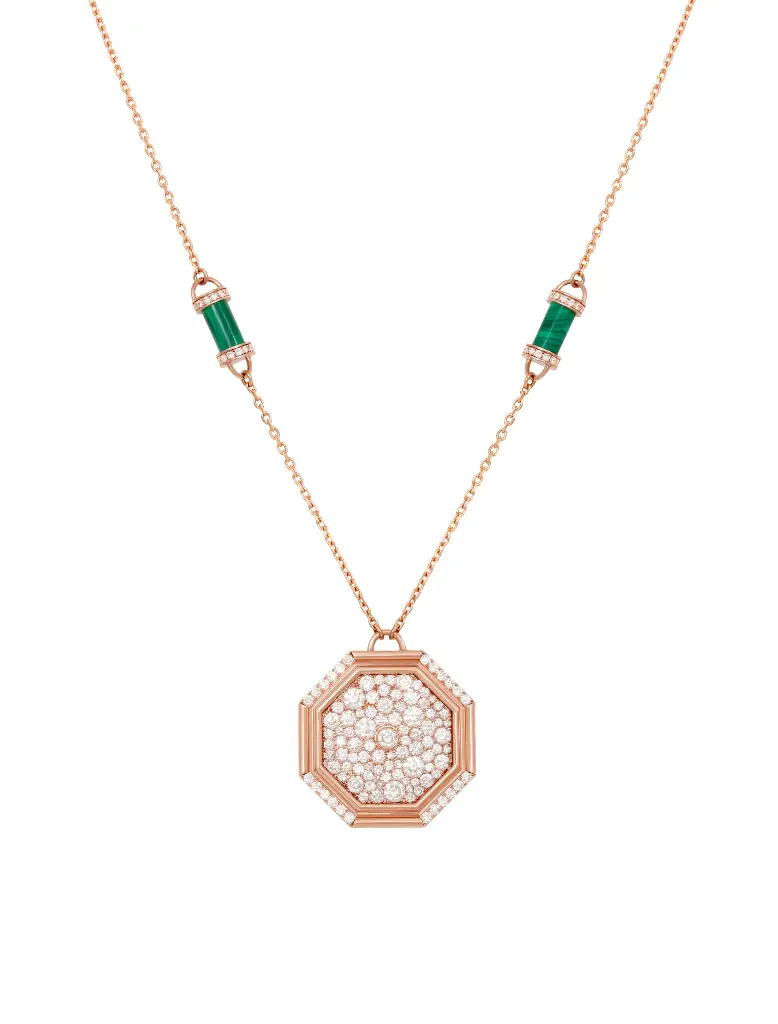 [N250PGM] NECKLACE AMULET HEXAGON SMALL FULL DIAMOND WITH MALACHITE PILLARS PINK GOLD