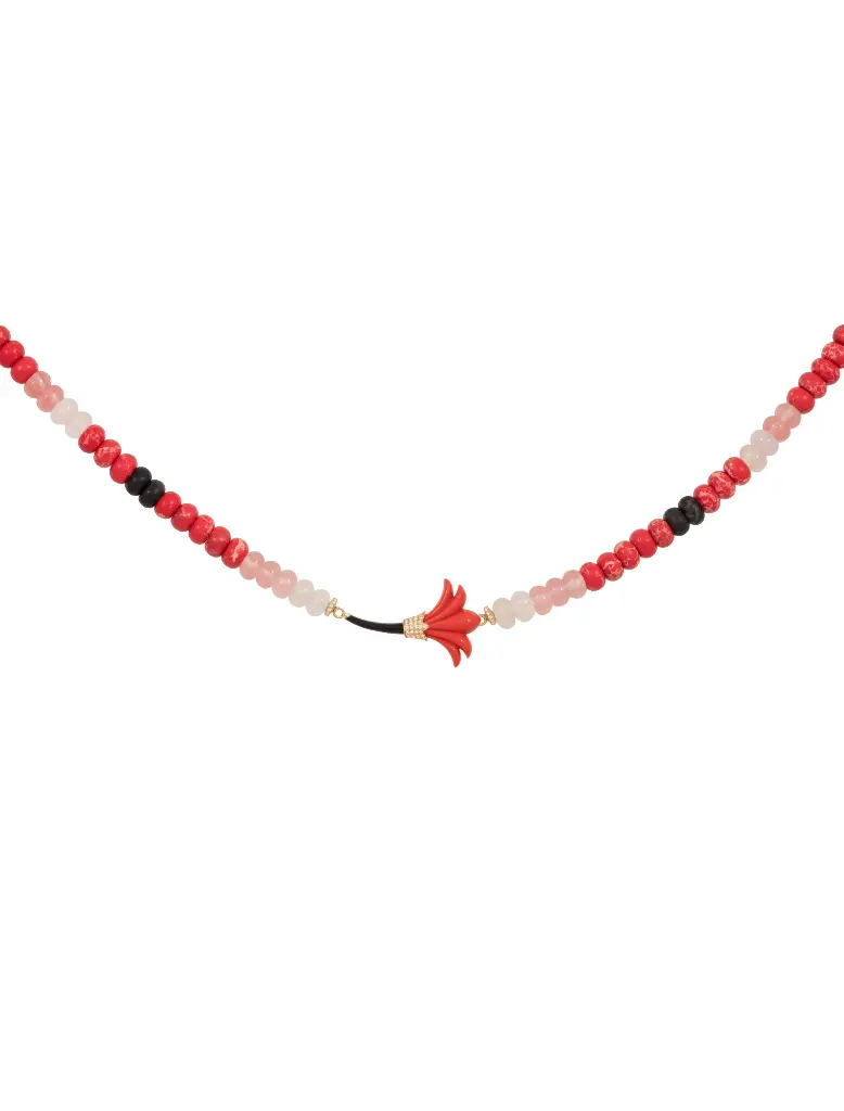 [N301OCBO] NECKLACE PSYCH MEDIUM ORANGE CORAL FLOWER AND BLACK ONYX STEM WITH BLACK AND RED BEADS