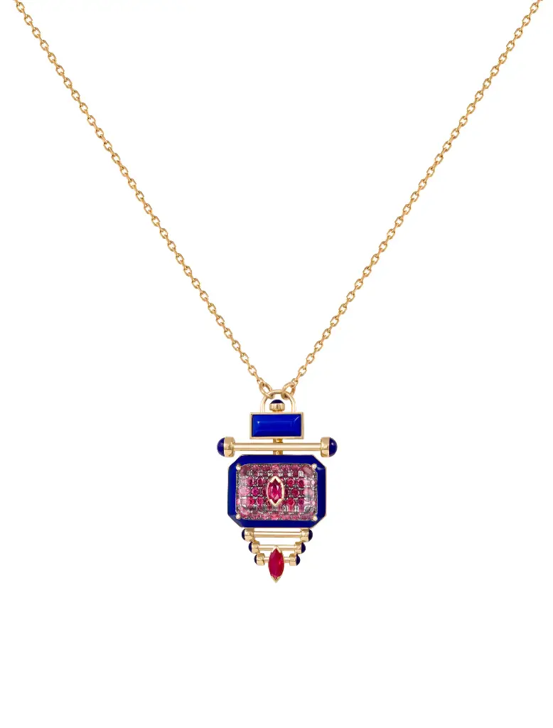 [N373PK] NECKLACE CAPTURE QABILA BIG PEACOCK (NAVY ENAMEL AND RUBY) WITH BEADS