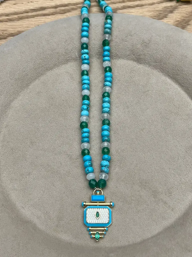 [N375TE] NECKLACE CAPTURE QABILA BIG ROUND DIAMOND EMERLAD MARQUISE TURQ ENAMEL (BEADS)