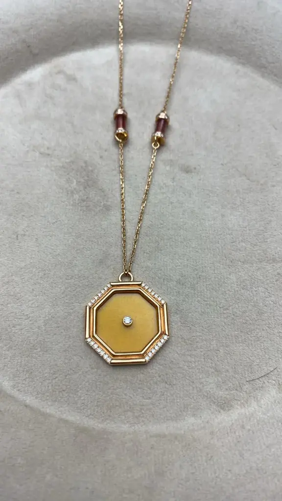[N50YAPA] NECKLACE AMULET HEXAGON BIG YELLOW AGATE AND PURPLE AGATE PILLARS